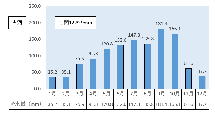 古河市の1991年から2020年までの平均年間降水量は1229.9ミリメートル