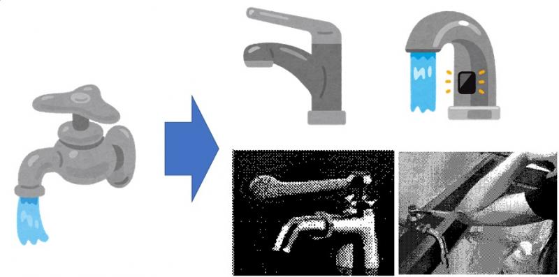 イラスト、手で回す水道からノブを触らずに使える水道に変える