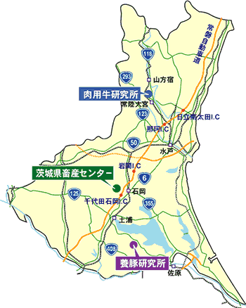 畜産センター本所,養豚研究所,肉用牛研究所の地図