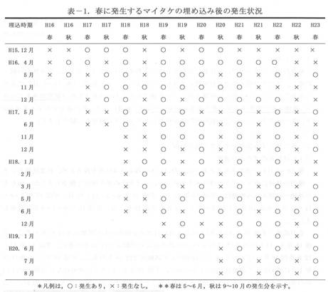 春に発生するマイタケの埋込後の発生状況