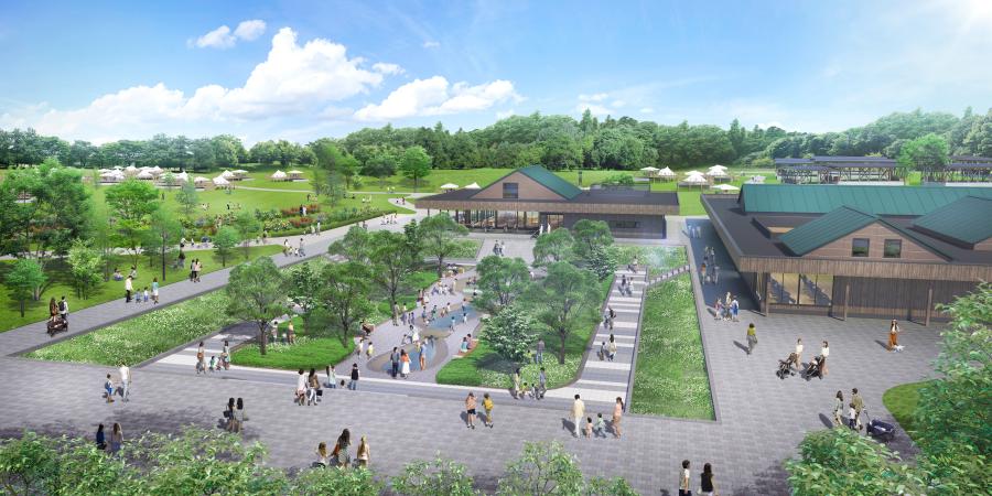 シンボルガーデン（中央）、県産木材を使った木造の温浴施設（右）、県産木材を使った木造のレストラン（奥）