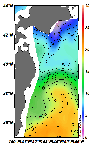 AMSRによる2025年2月9日の房総から道東沖合の海面水温2℃台から20℃台となっている