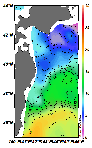 AMSRによる2025年4月18日の房総から道東沖合の海面水温1℃台から19℃台となっている