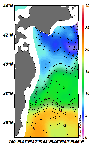 AMSRによる2025年4月23日の房総から道東沖合の海面水温2℃台から20℃台となっている
