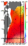 AMSRによる2025年9月8日の房総から道東沖合の海面水温16℃台から29℃台となっている