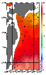 AMSRによる2025年9月14日の房総から道東沖合の海面水温16℃台から29℃台となっている